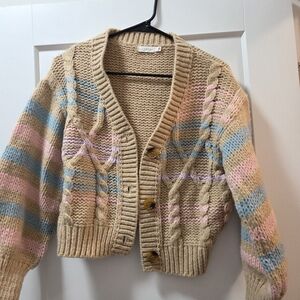 Lush Tan, Pink, and Blue Cable Knit Cardigan